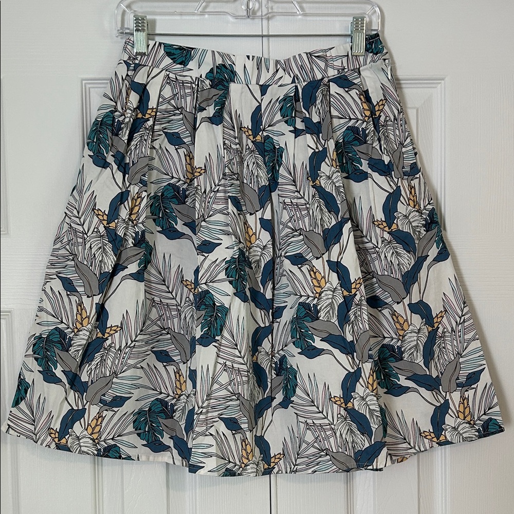 Women's White Floral A-Line Skirt with Teal and Gray Leaves